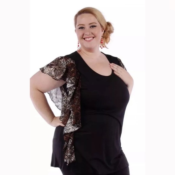 Yummy Plus Tops - YUMMY Black Tunic Contrast Textured Angel Sleve 4X